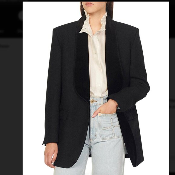 SANDRO PARIS NWT Gemma Wool-Blend Velvet Shawl Collar Black  Blazer FR 42 US 10 - Picture 4 of 16